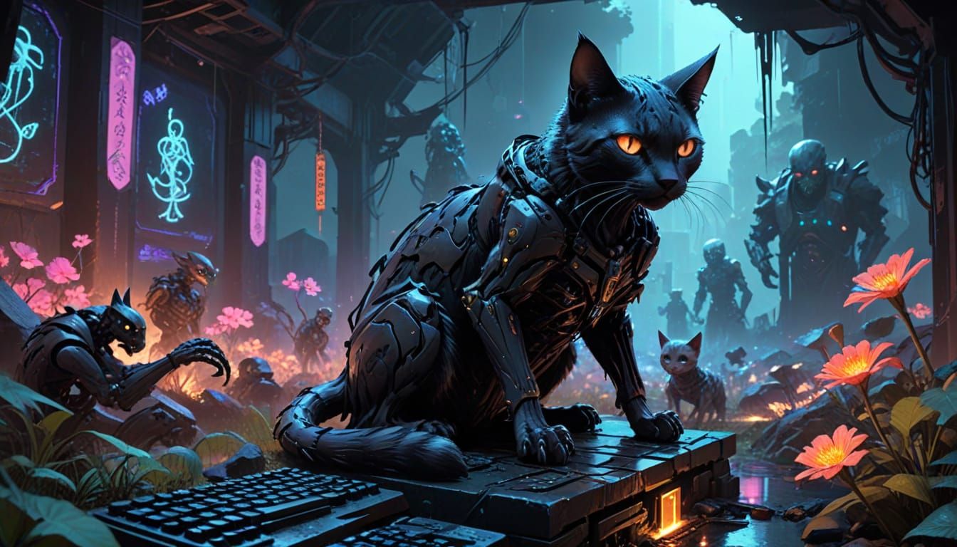 Gothic Cyberpunk Cat in Clockwork Graveyard