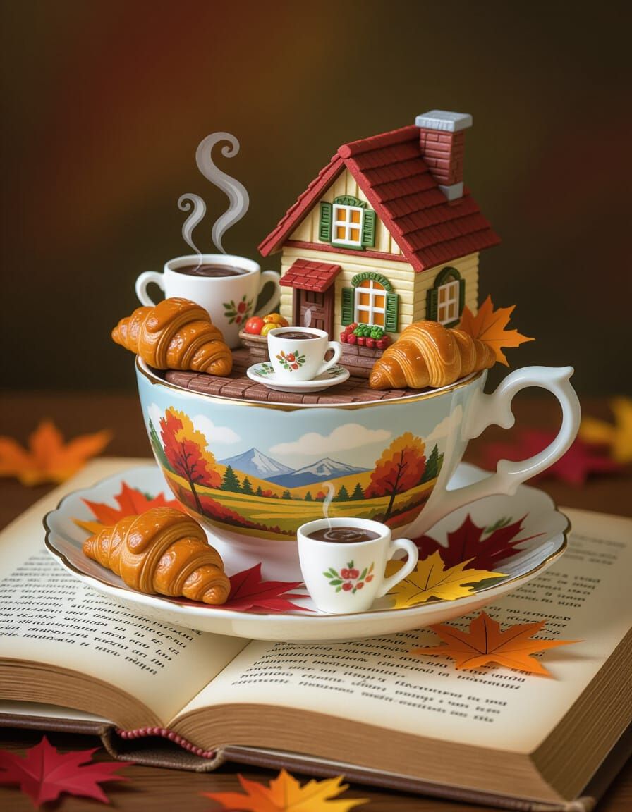 Miniature Autumn Bakery in Teacup, Storybook Style