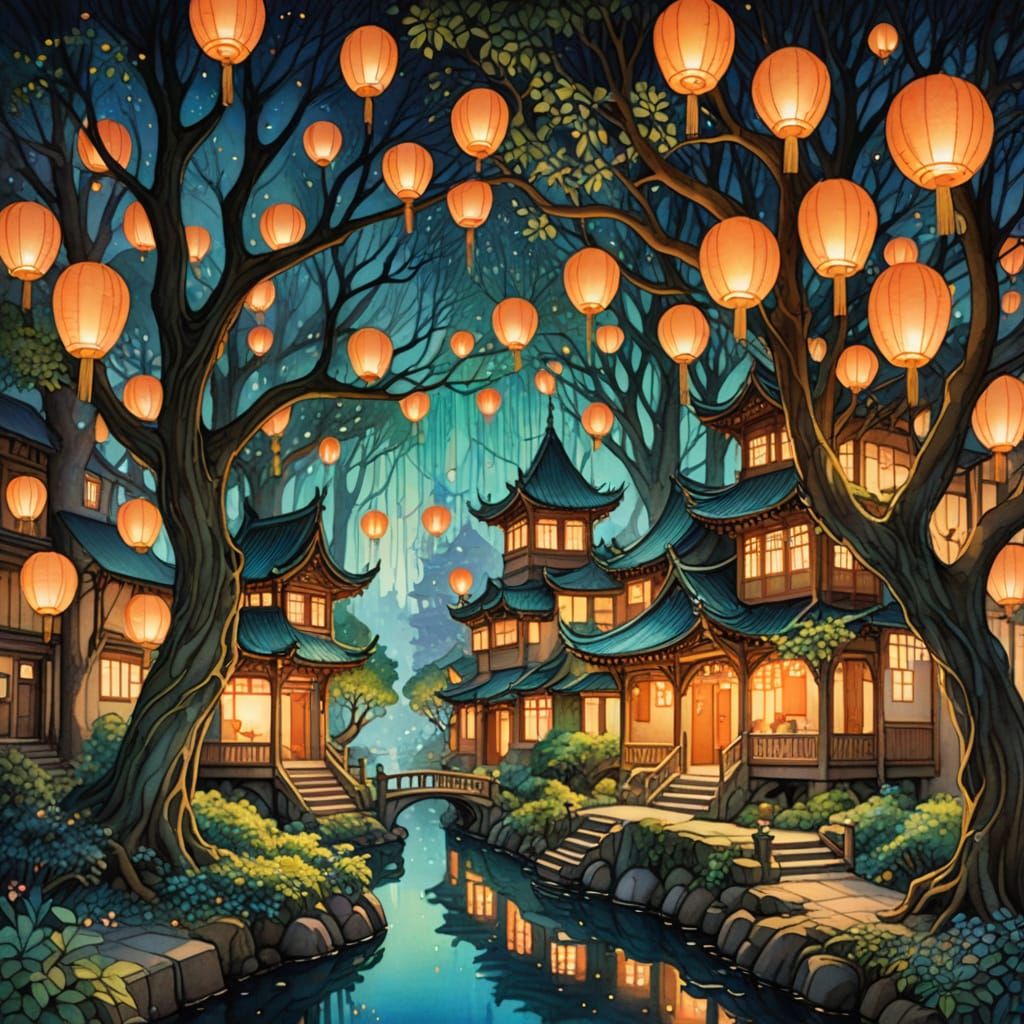 Glowing Tree City with Paper Lanterns