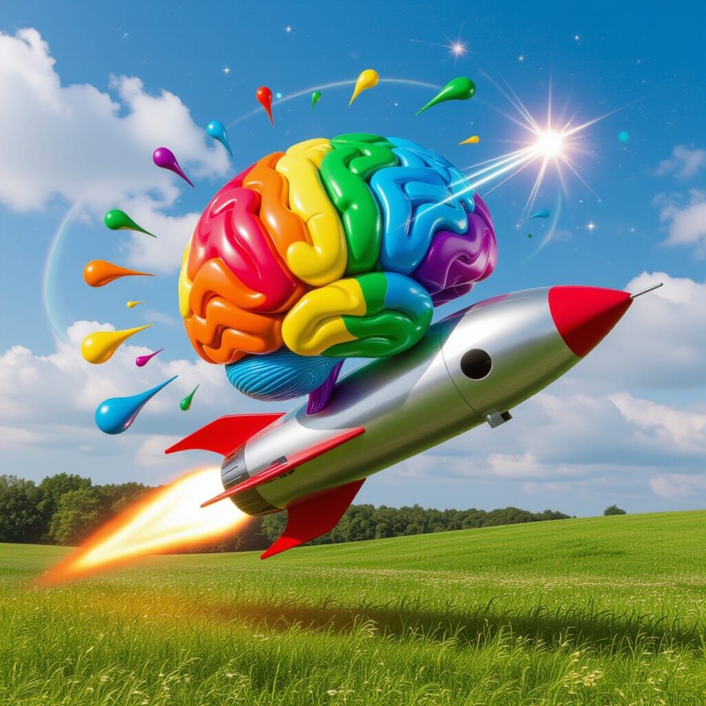 Vibrant Brain Rocket Soaring Over Meadow in Surreal Style
