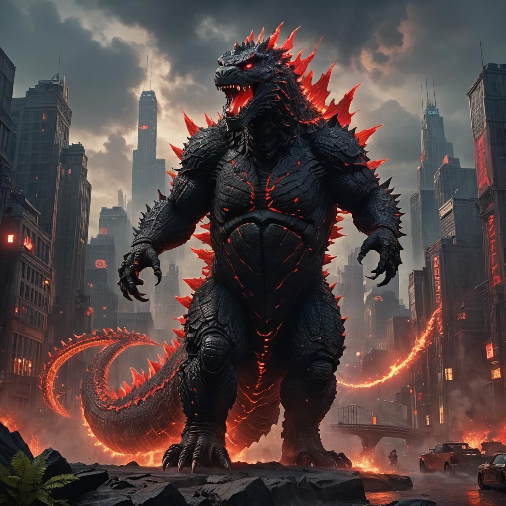Godzilla with Red Dorsal Plates in Detailed Matte Painting
