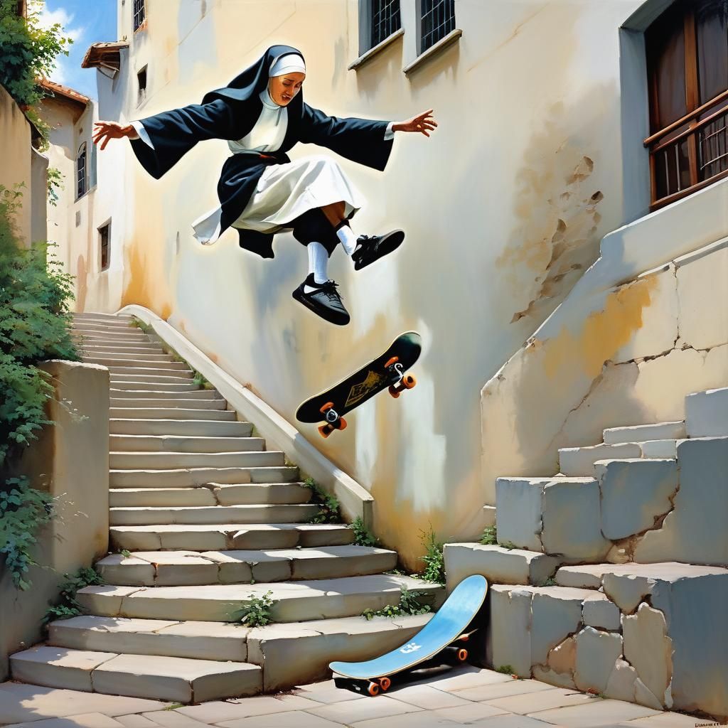Nun in Mid-Air Skateboarding Stairway