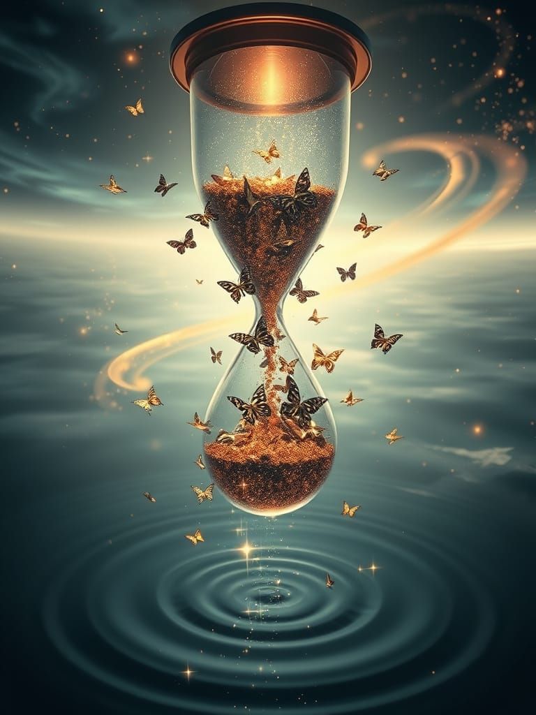 Surreal Hourglass Scene with Metallic Butterflies in Etherea...