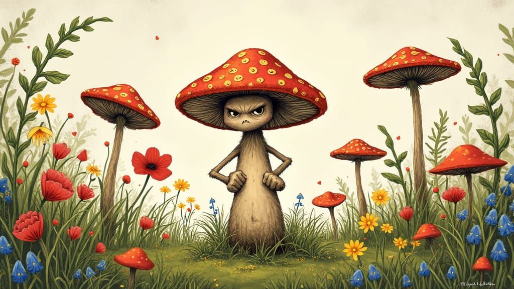 Disgruntled Mushroom Defies Whimsical Meadow