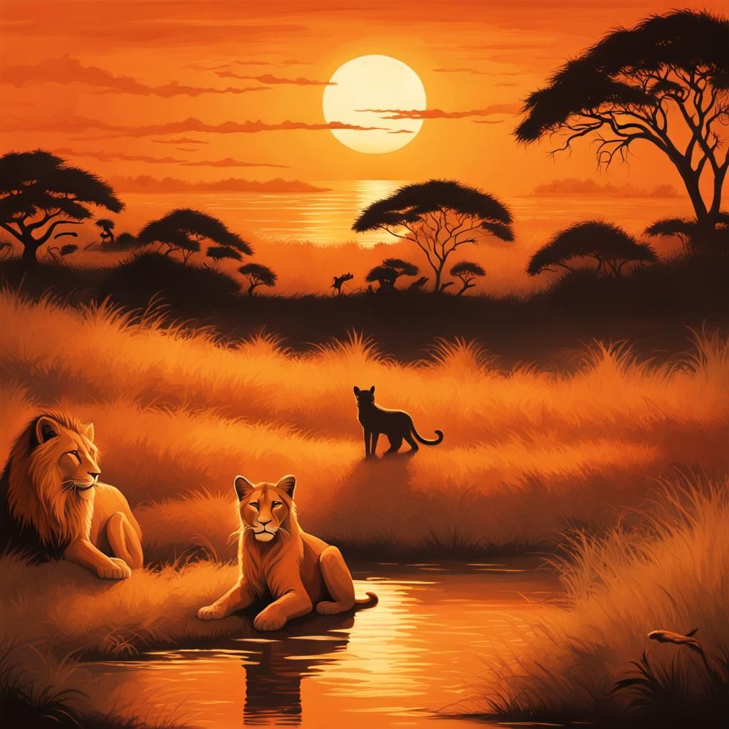 Savannah Sunset: Lions in Cat Silhouette