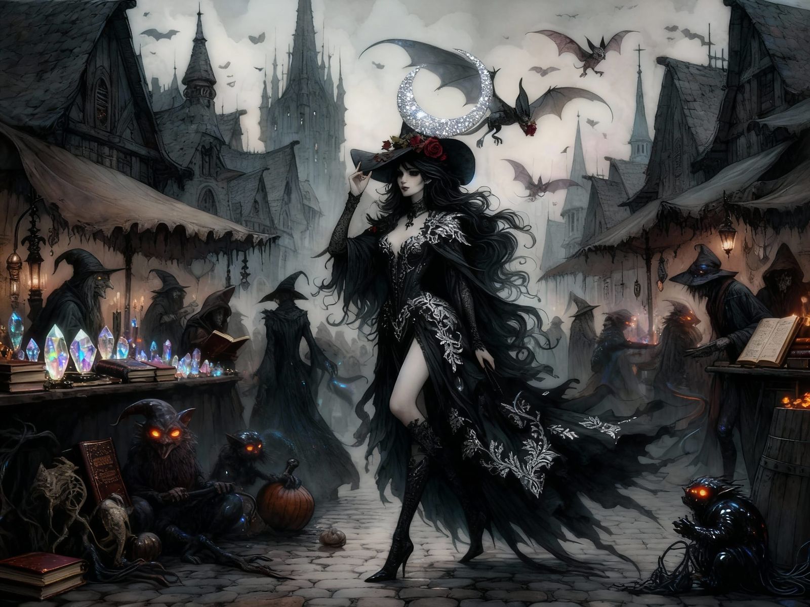 Dark Sorceress in Witches Market Fantasy Art