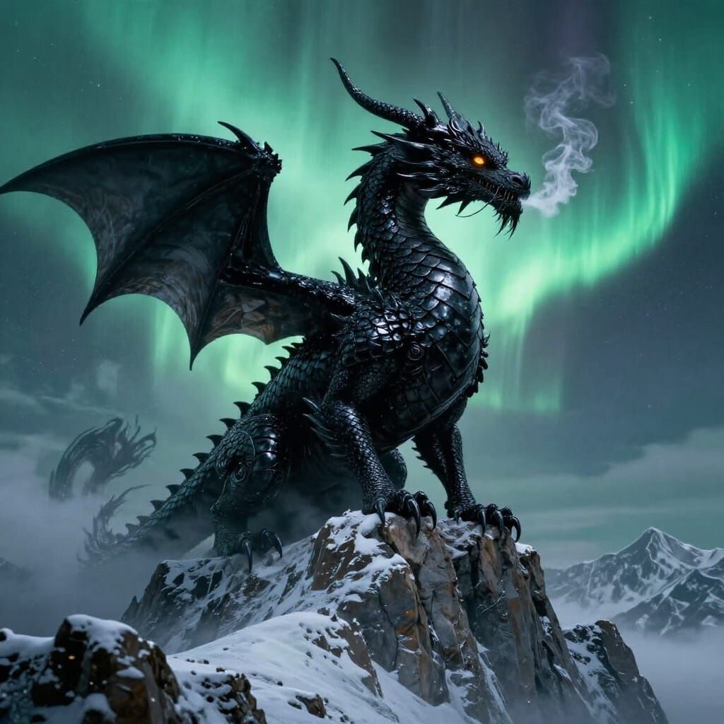 Majestic Obsidian Dragon on Snowy Peak Under Aurora