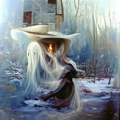 Ghost Witch in Winter Forest: Oil Painting