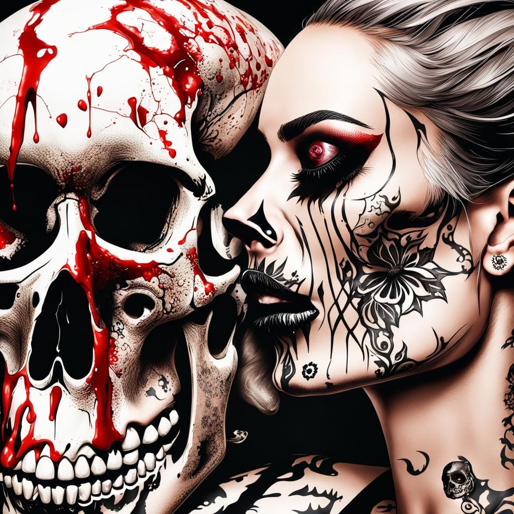 Woman with Tattoos Kisses Skull in Dark Romance