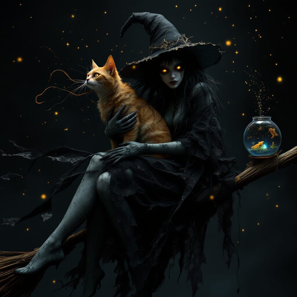 Terrifying Witch Rides Broomstick Through Starry Night