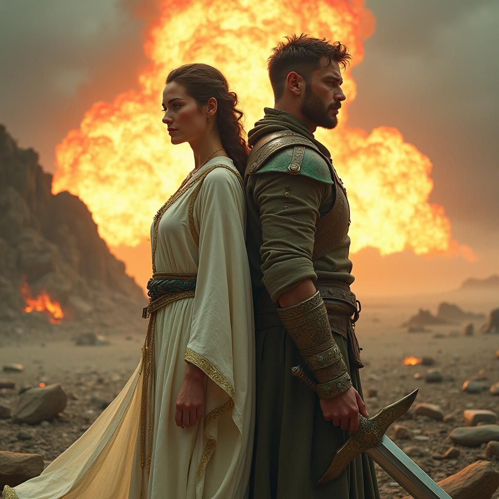 Friends Amidst War Shells in Fantasy Landscape