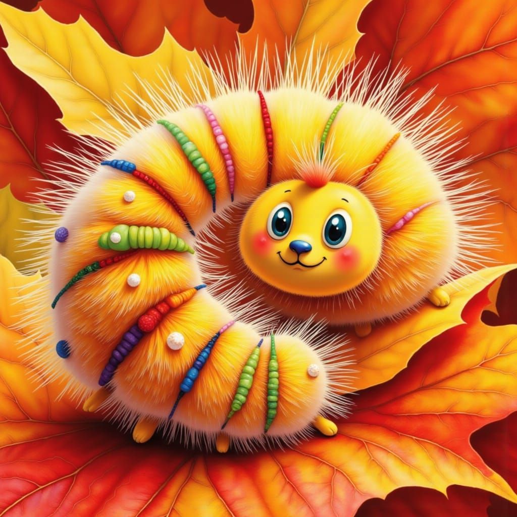 Fuzzy Caterpillar on Autumn Leaf in Eric Carle Style