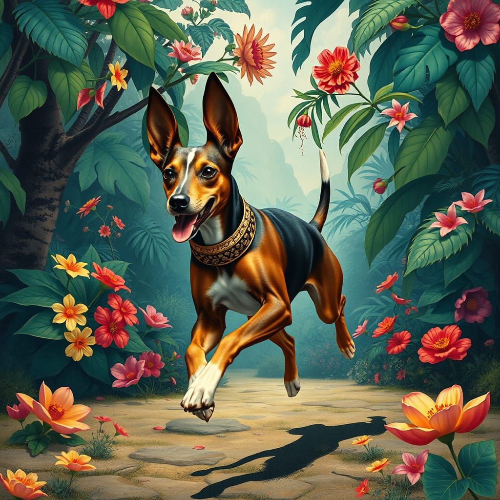 Basenji in Exotic Jungle, Naive Art Style