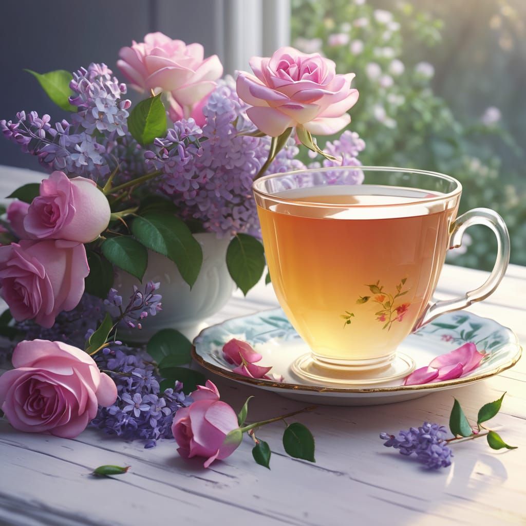 Whimsical Springtime Tea Scene in Watercolor Style