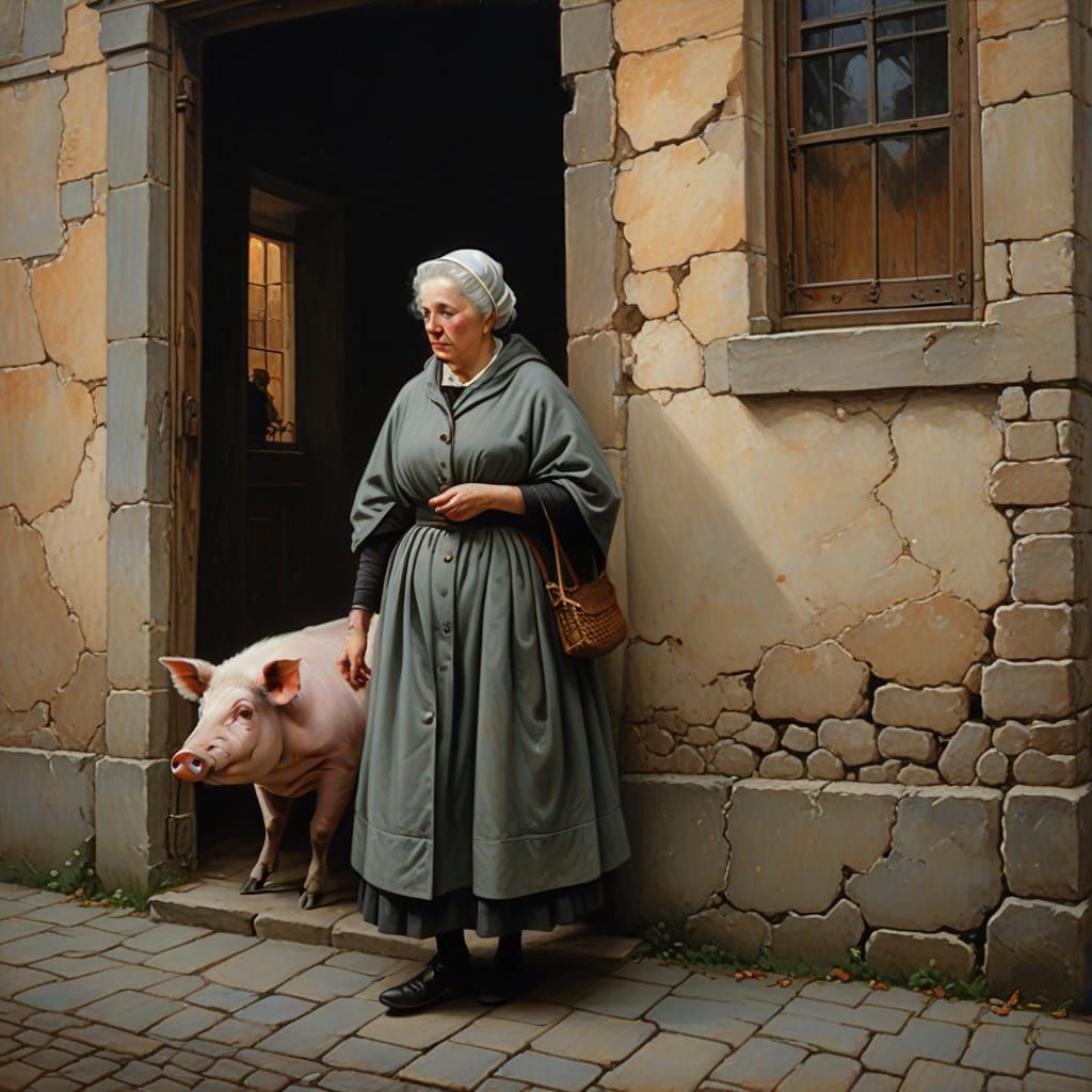 Curious Pig Looks Through Mural Window at Elegant Woman