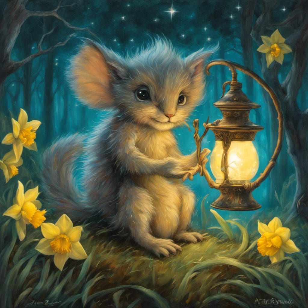 Cute Creature with Lamp in Enchanted Forest