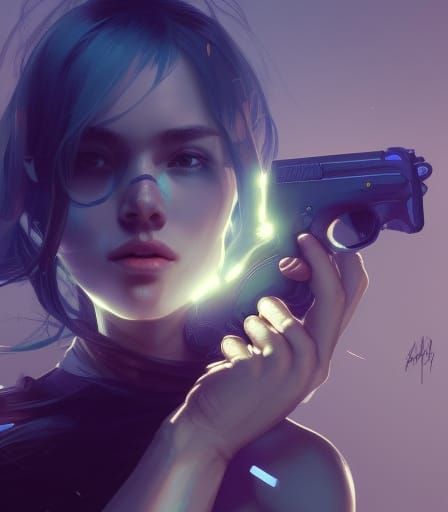 Detailed Portrait with Gun in Art Nouveau Style