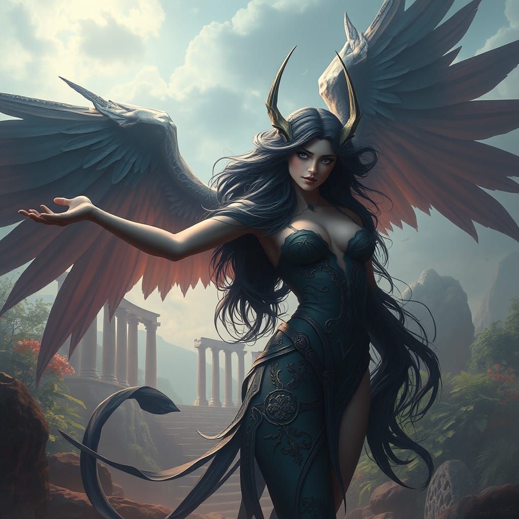 Siren Goddess with Majestic Wings in Dreamlike Landscape