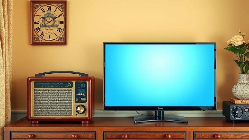 Old Fashioned Radio and A brand new  large screen slimTelevi...