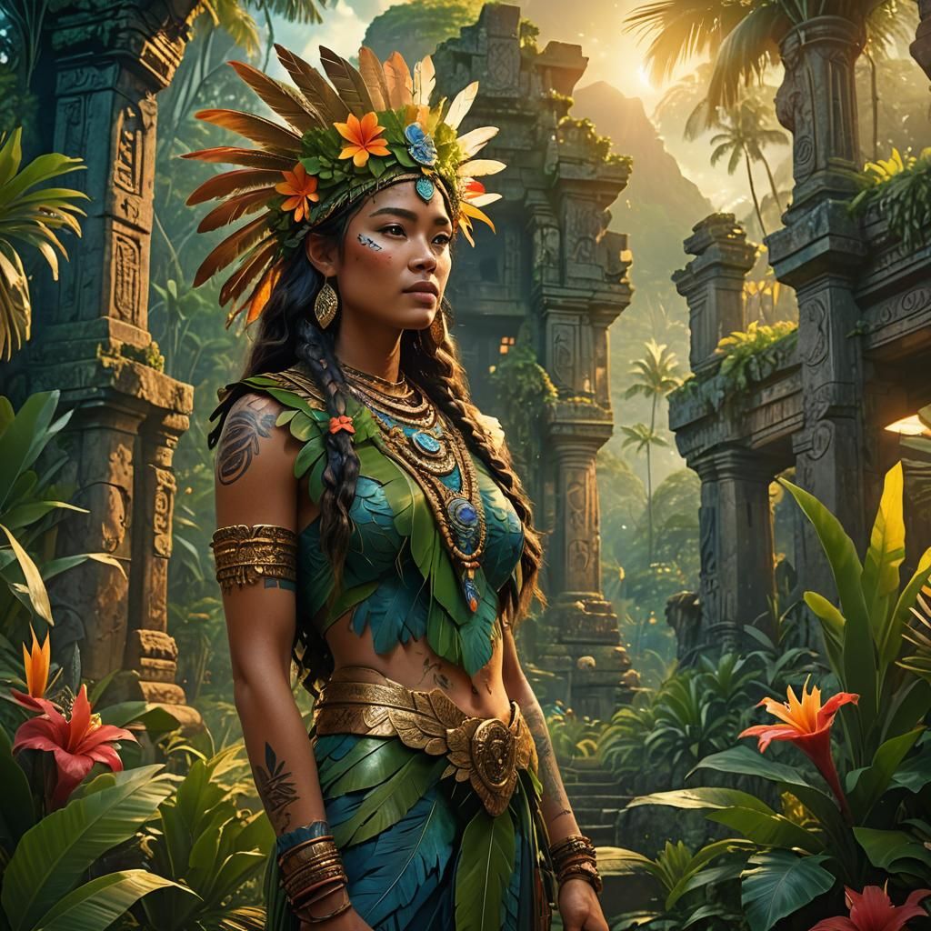 Hawaiian Kahuna in a Lush Tropical Landscape