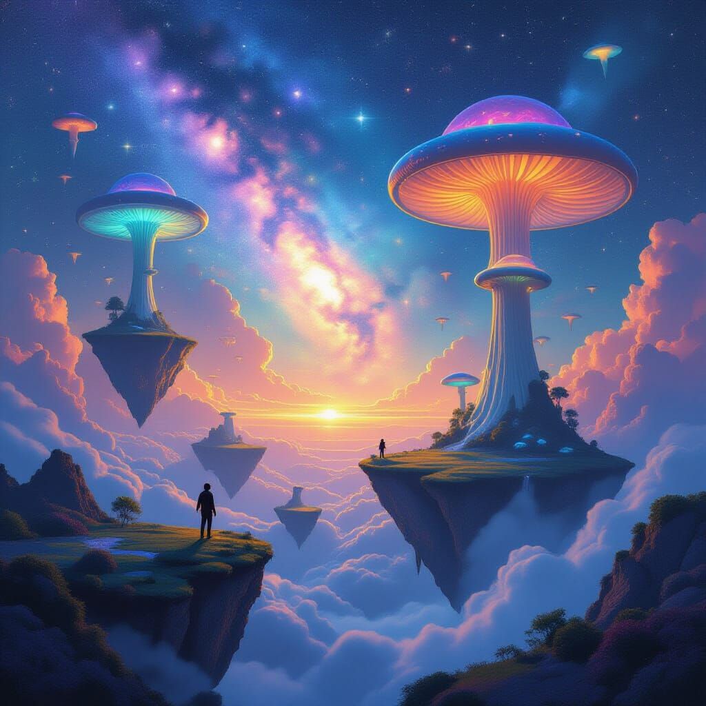 Surreal Floating Islands With Bioluminescent Mushrooms and C...