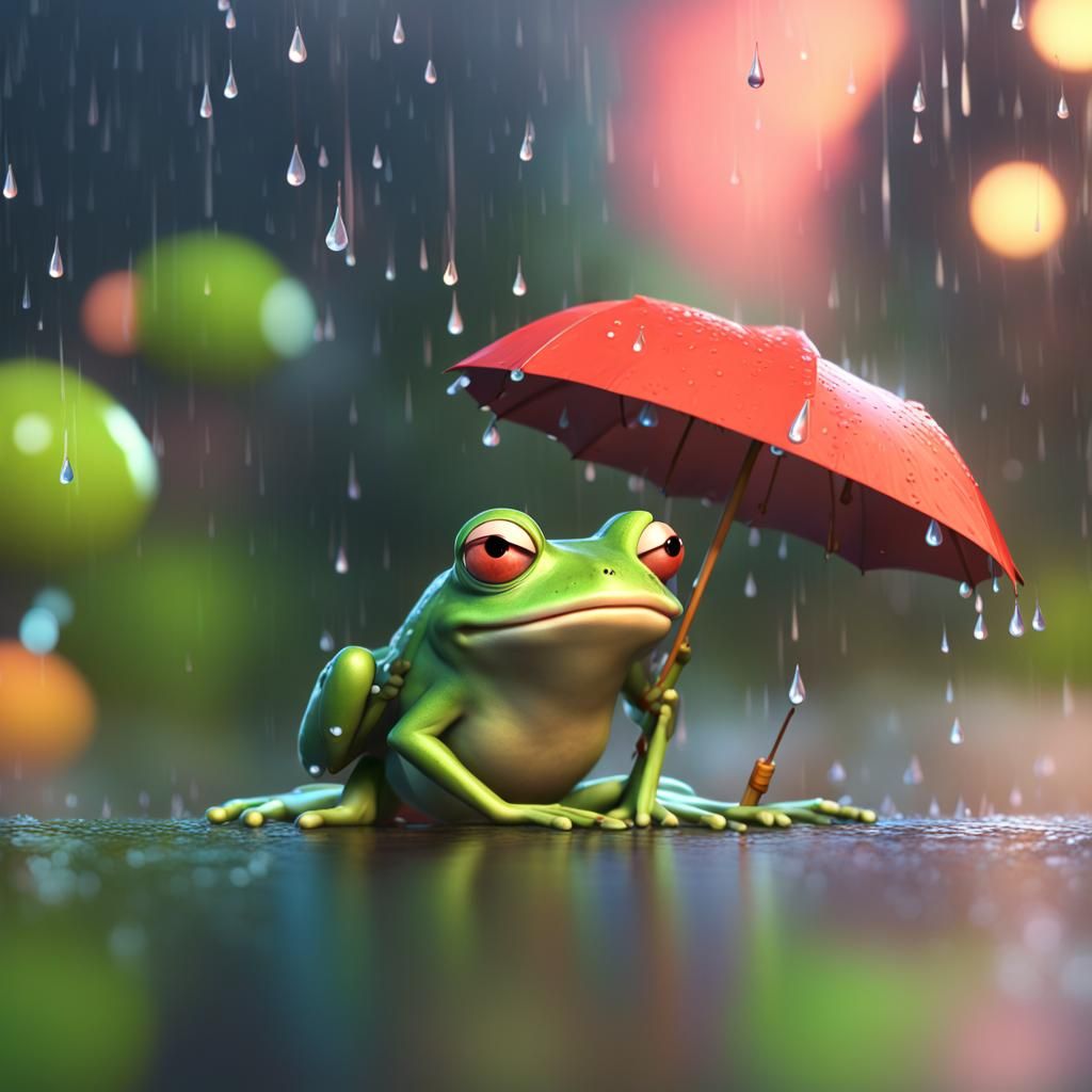 Happy Frog in Rain, Pixar Style 3D Art
