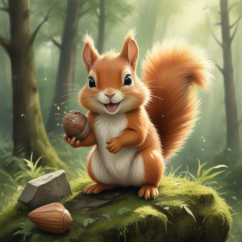 Chibi Squirrel Holding Acorn Trophy in Sun-Dappled Glade