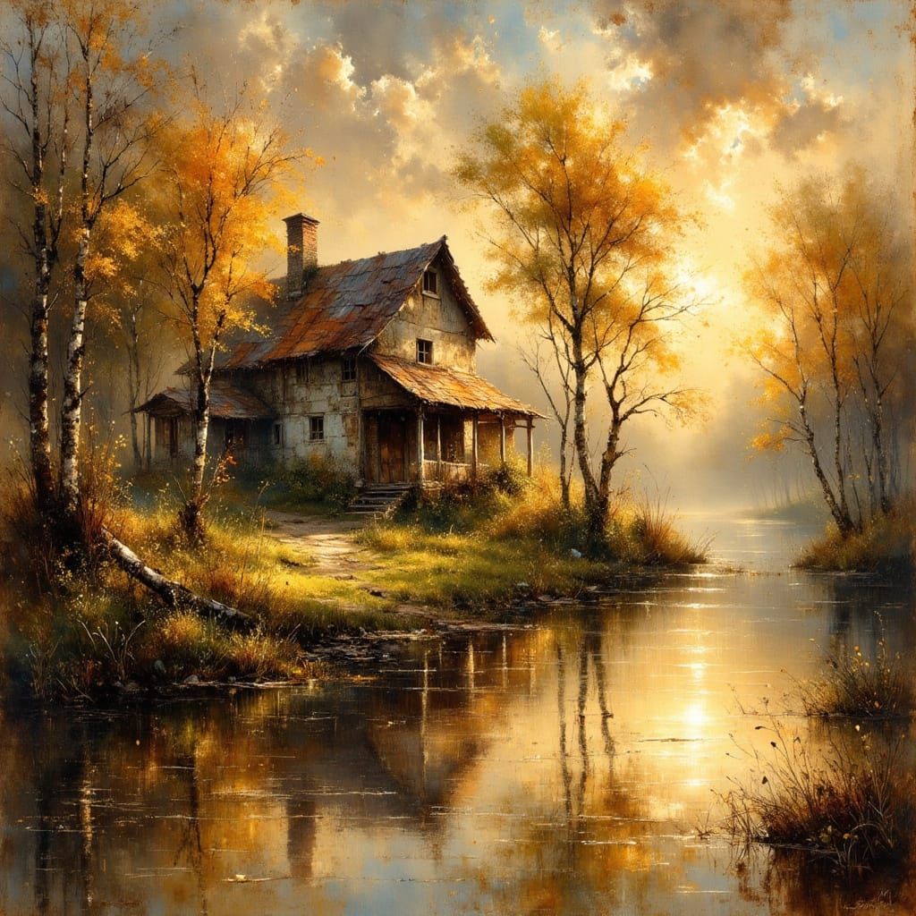 Lakeside Village Ruin in Spring, Golden Hour