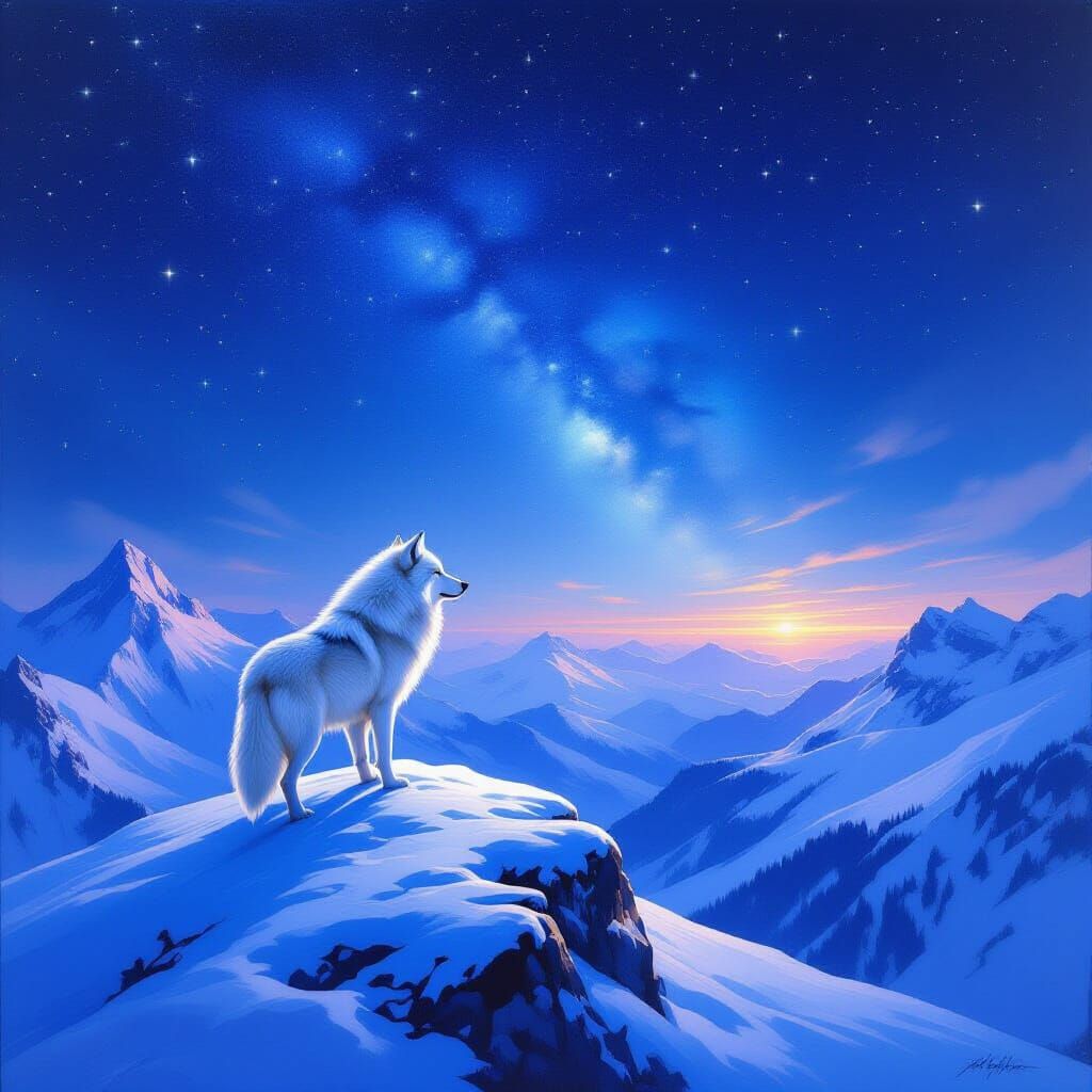 White Wolf on Snowy Peak Under Starry Winter Sky