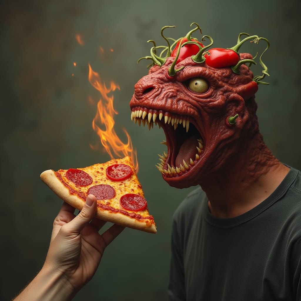 A person holds a slice of pizza ready to take a bite. The peppers on the pizza open mouths full of sharp teeth.