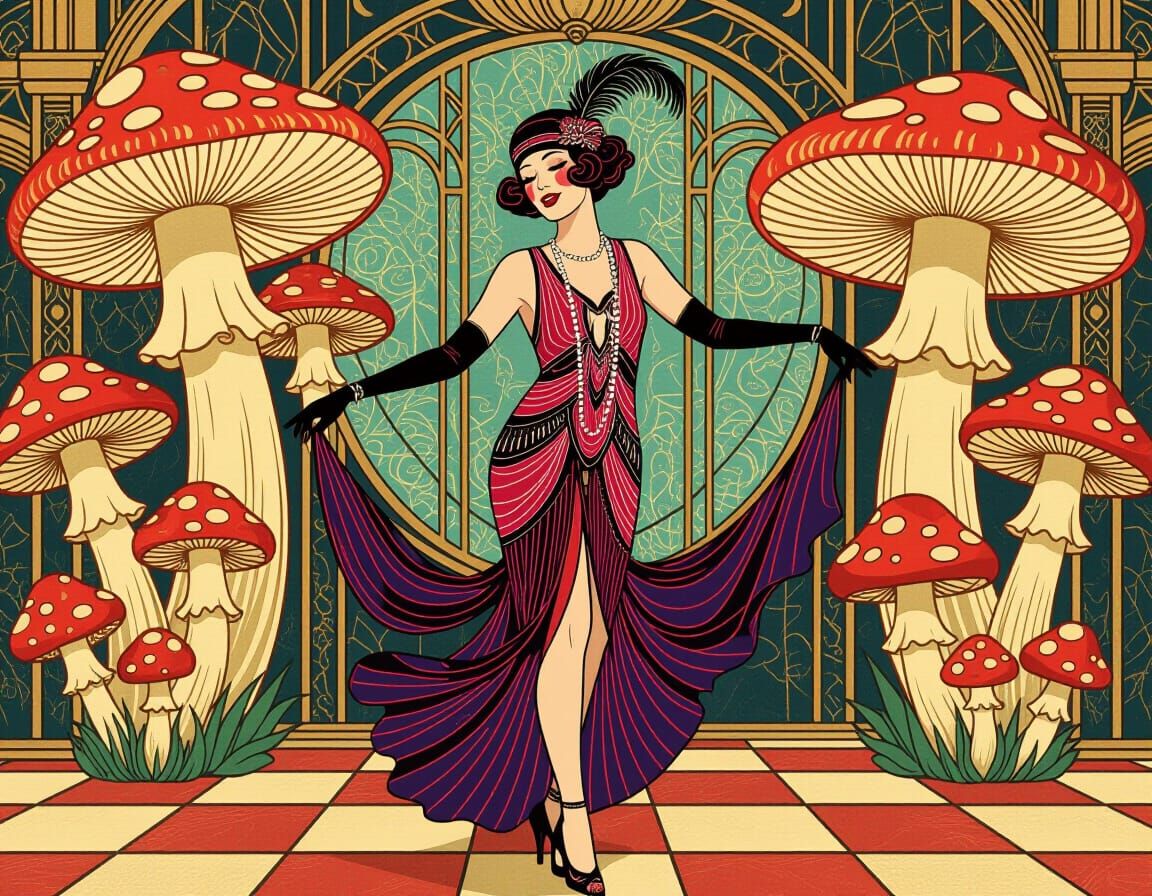 Art Deco Woman Dancing with Psychedelic Mushrooms