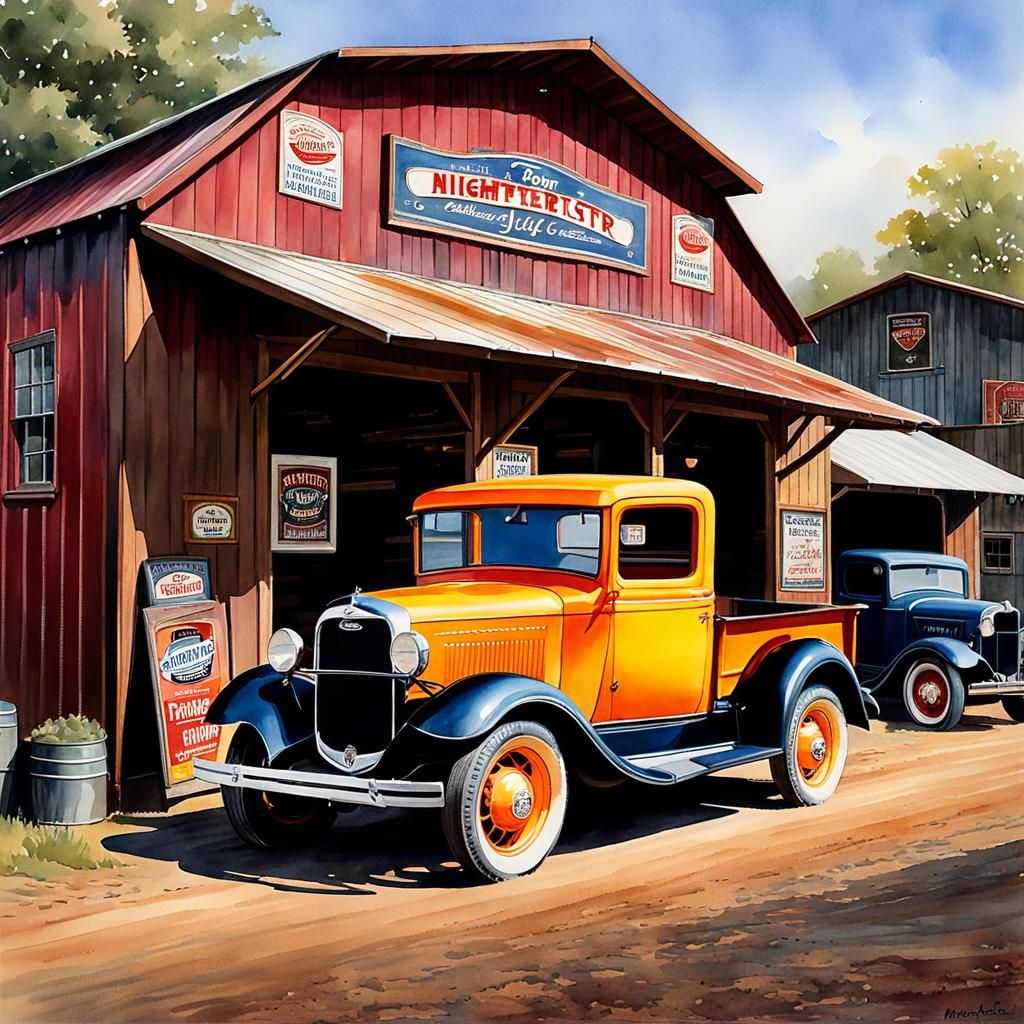 Vintage Ford Pickups: Detailed Watercolor Painting