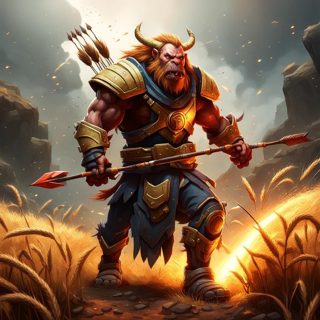 Earthshaker dota 2 character getting hit in the knee with an arrow, underground comix, queencore, biocybernetics, psycho...