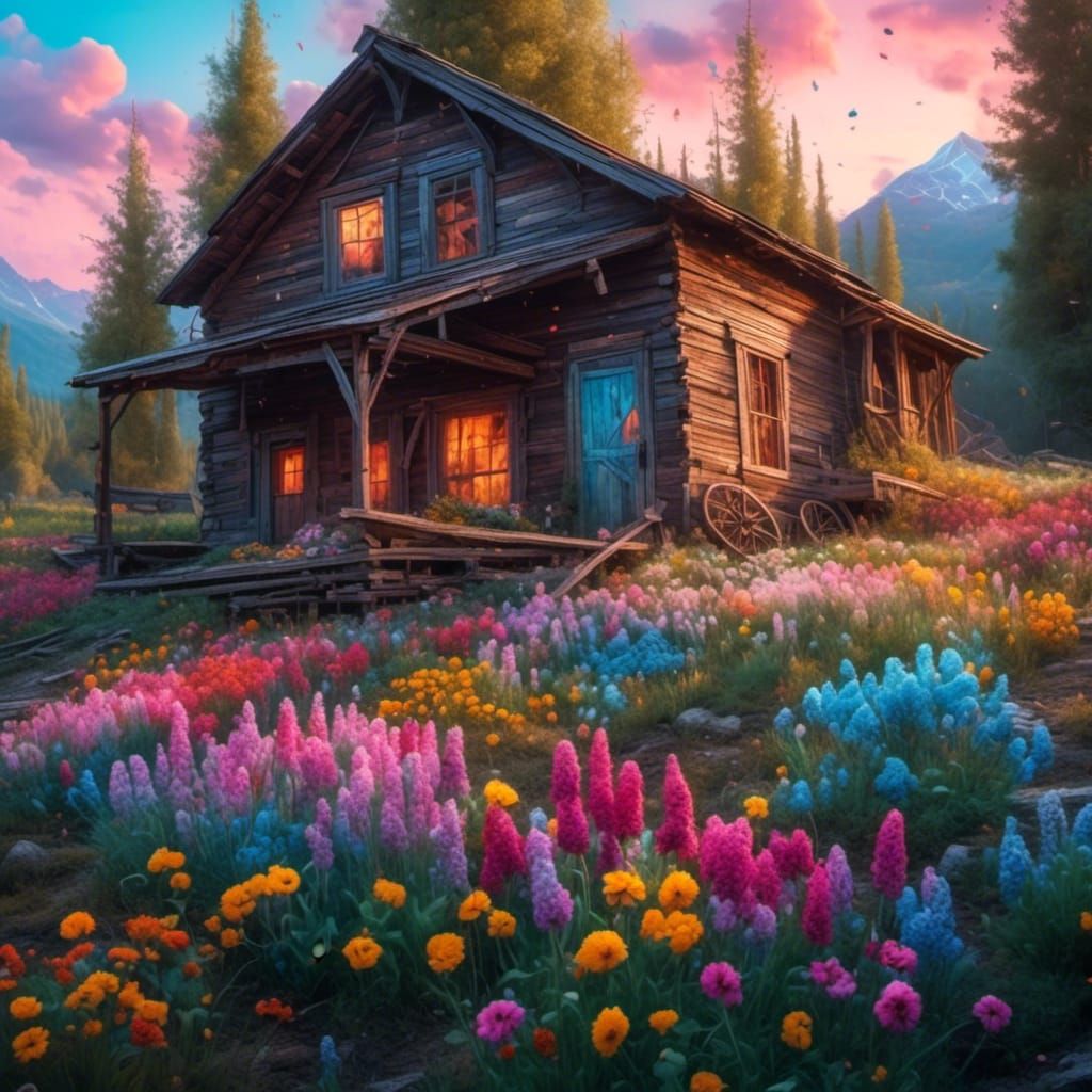 Impressionist Country Store with Flowers in Gouache Style