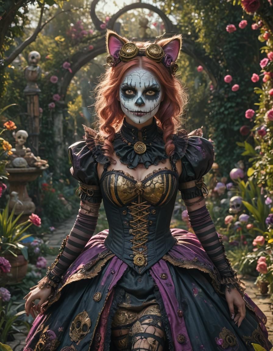 Steampunk Cheshire Cat in La Dia de los Muertos Outfit