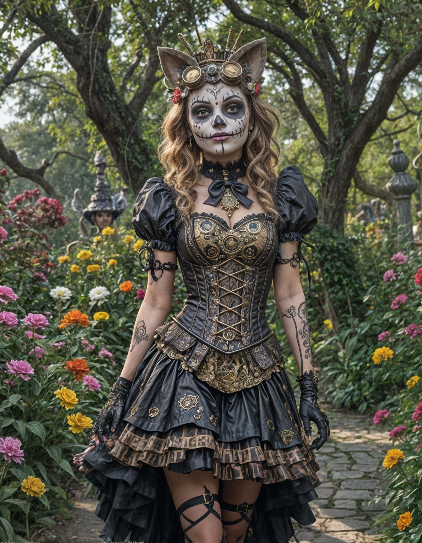 Steampunk Cheshire Cat Celebrates Day of the Dead