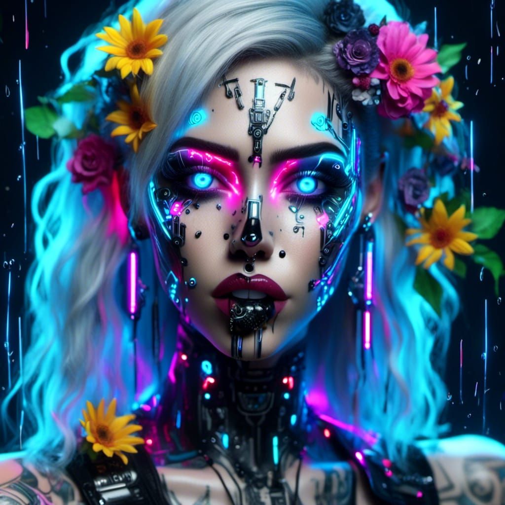 Cyberpunk Woman with Neon Piercings and Shattered Glass