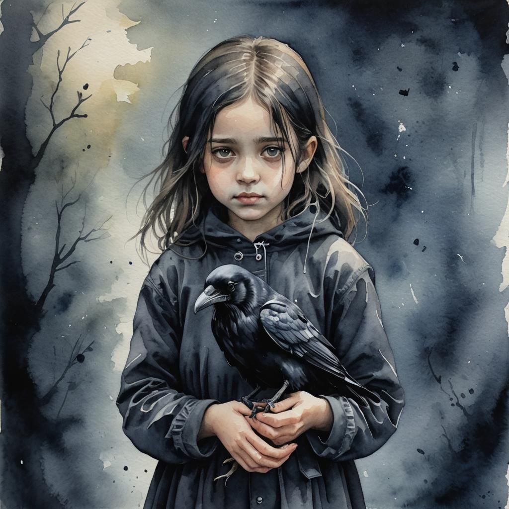 Girl with Raven: Moody Watercolor Painting