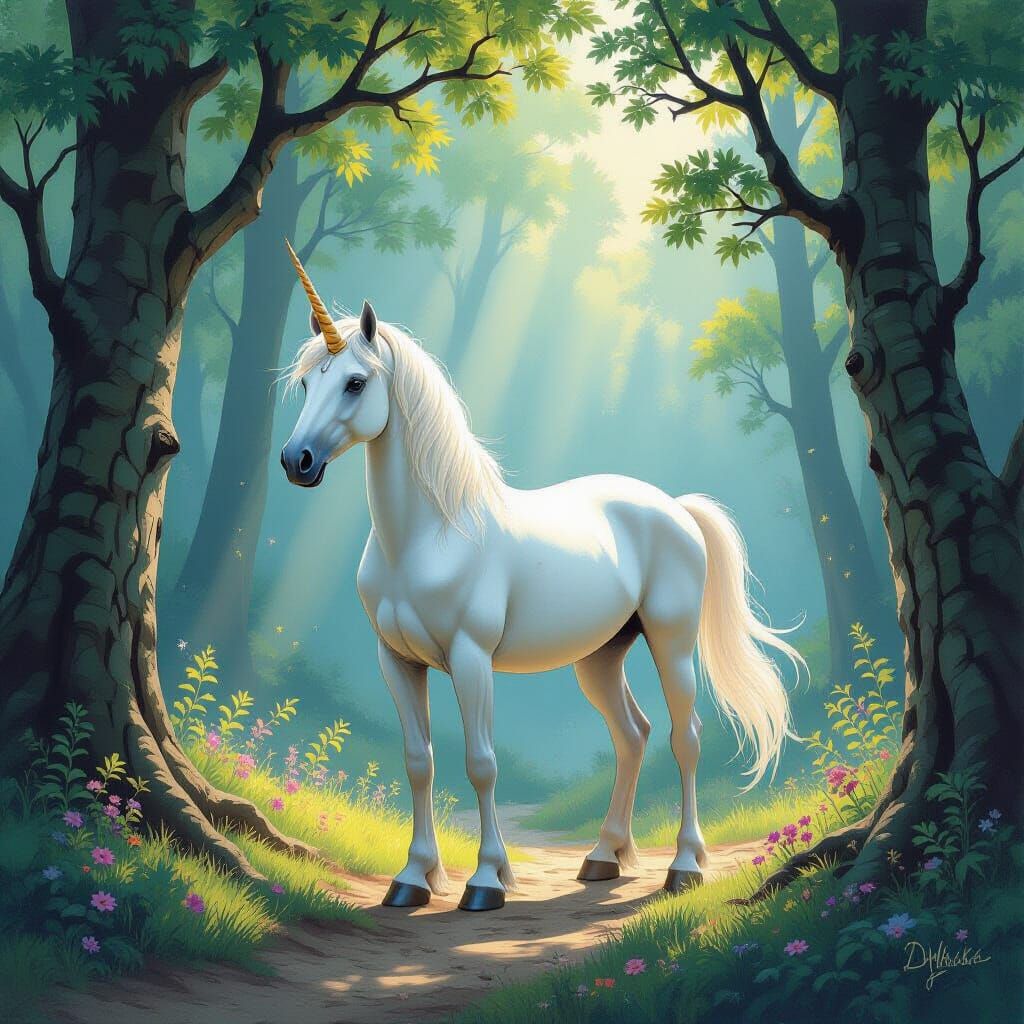 Elegant Unicorn in Enchanted Forest Watercolor Painting