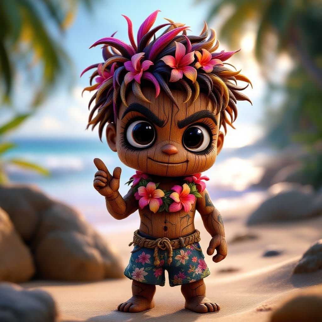 Surreal Chibi Tiki Character in Tropical Beach Scene
