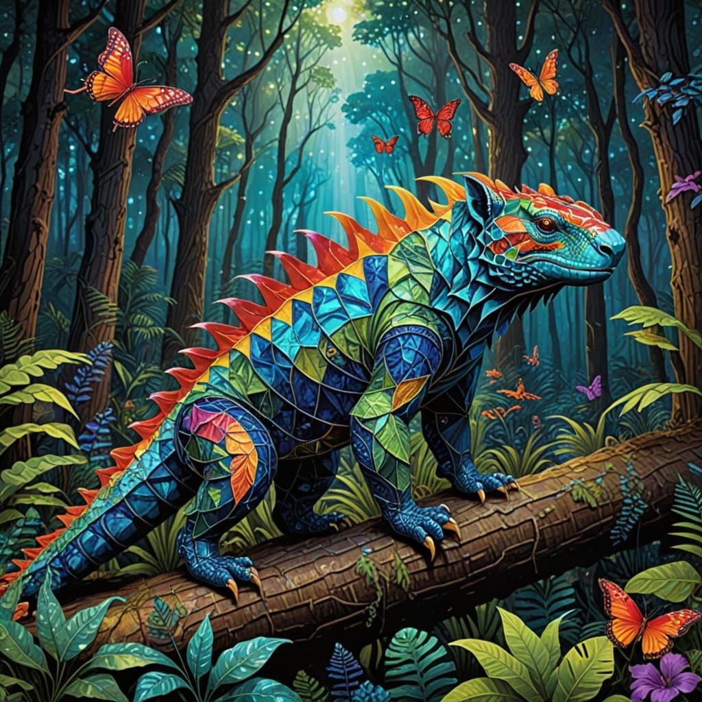 Majestic Bioluminescent Forest Creature in Vibrant, Detailed...