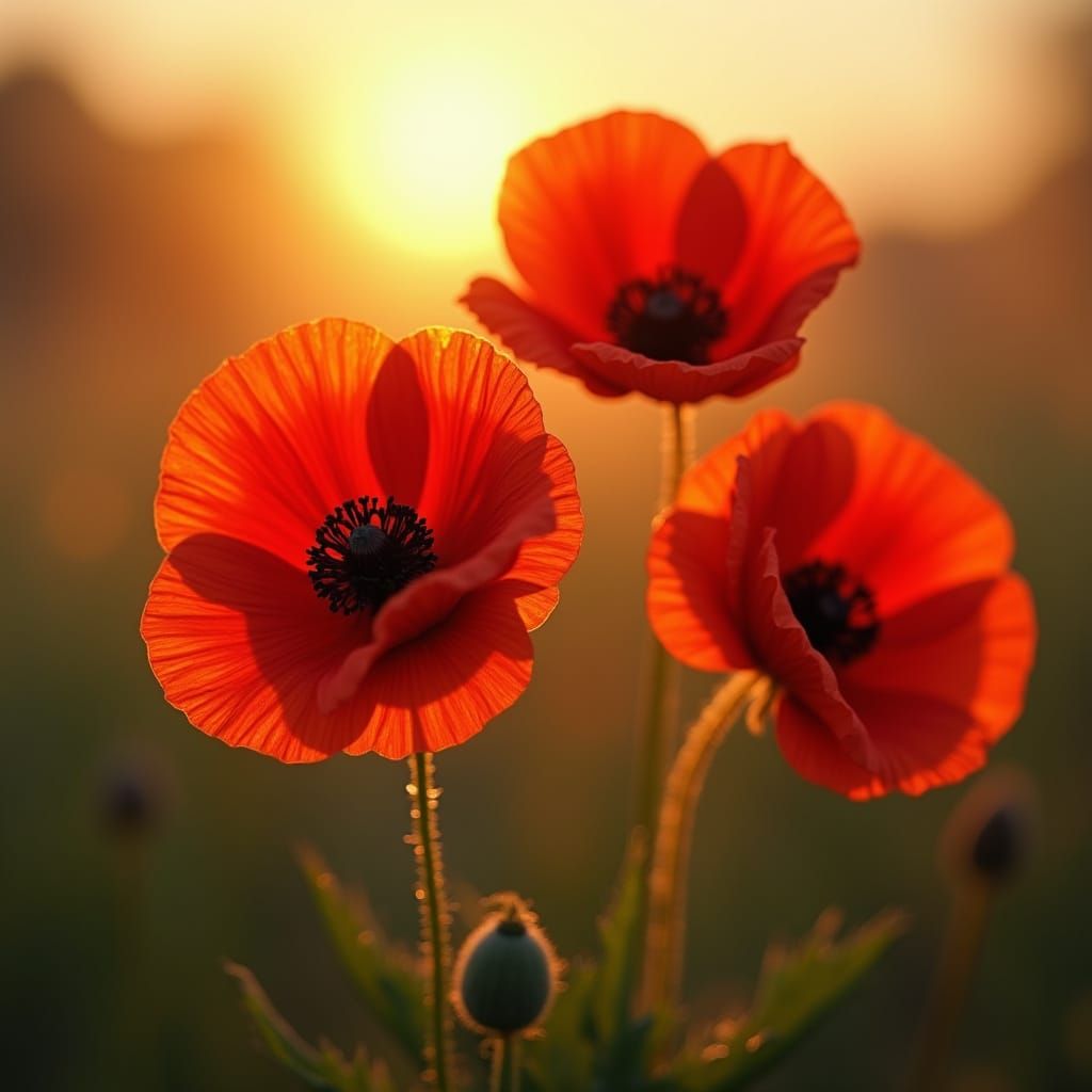Vibrant Red Poppies Glowing in Golden Hour Light