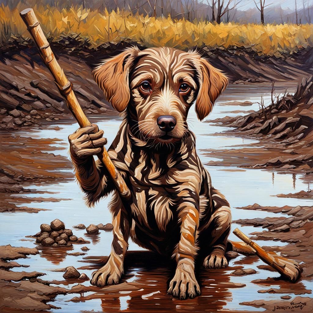 Muddy Striped Dog with Stick, Oil Painting