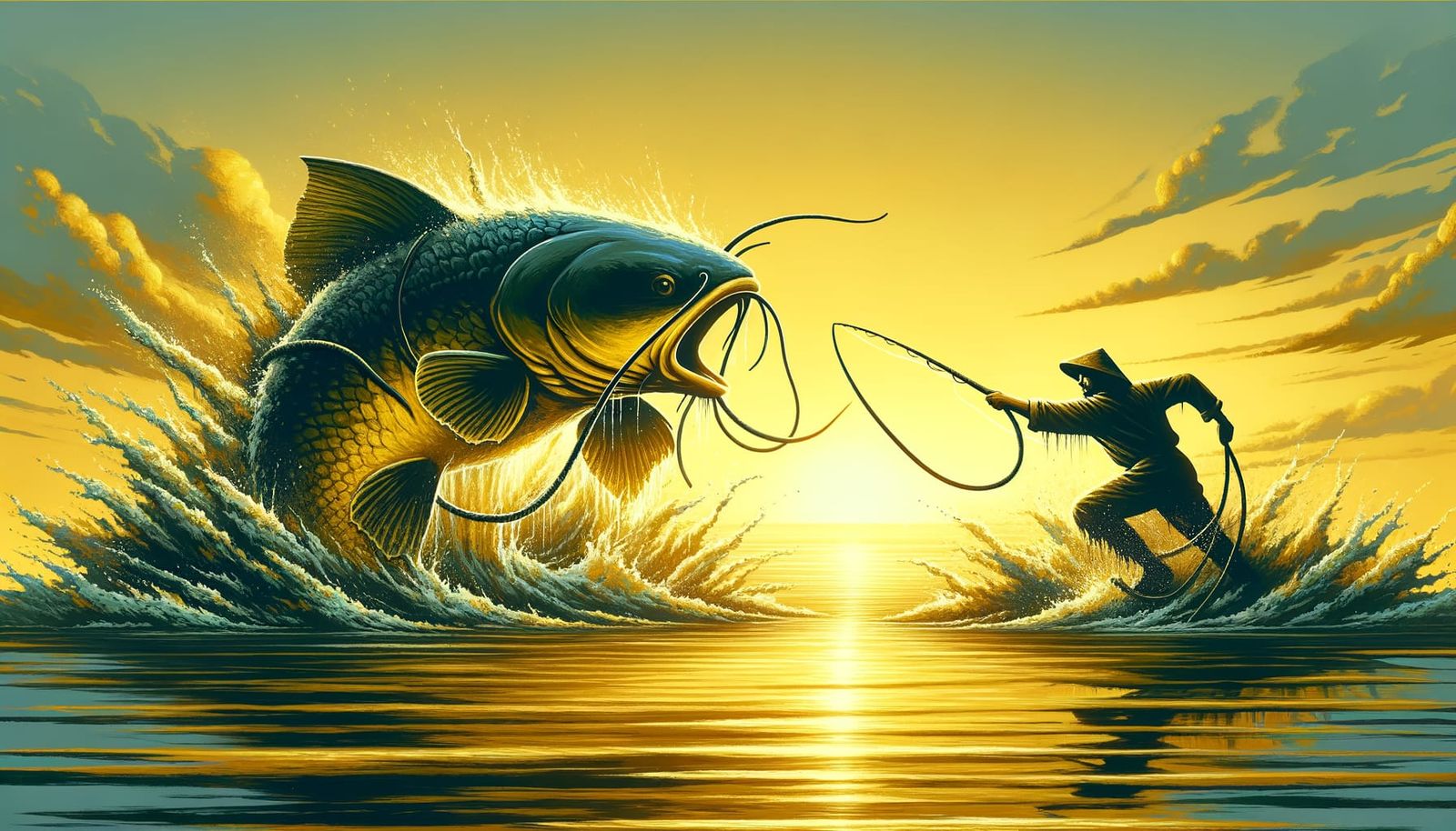 Fisherman's Epic Battle with Giant Catfish at Dawn