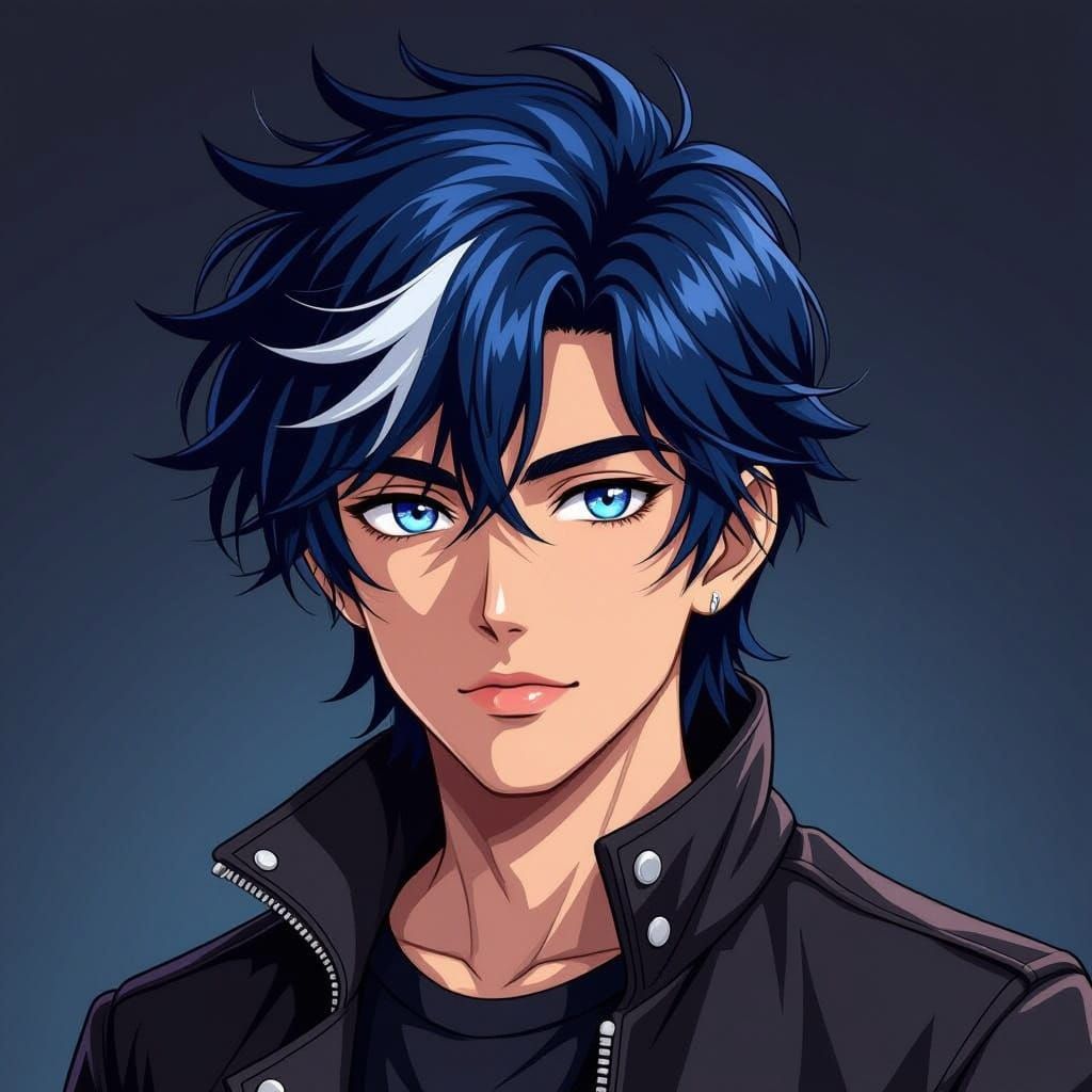 Anime Portrait of Man with Dark Blue Hair and Blue Eyes