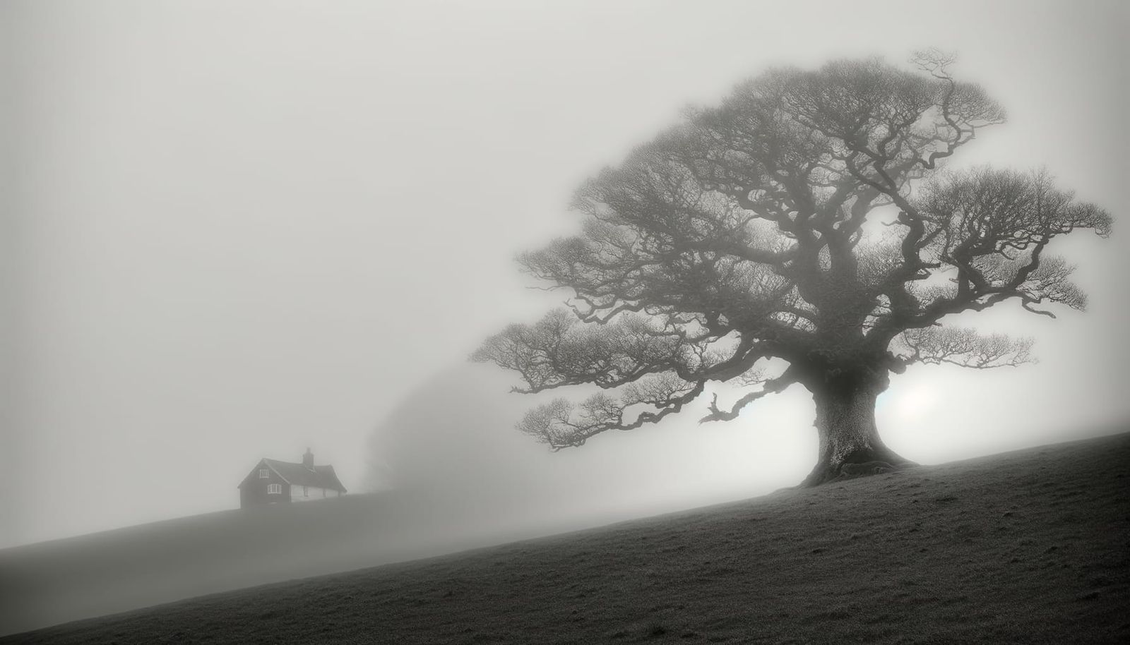 Ancient Oak Tree in Misty Landscape