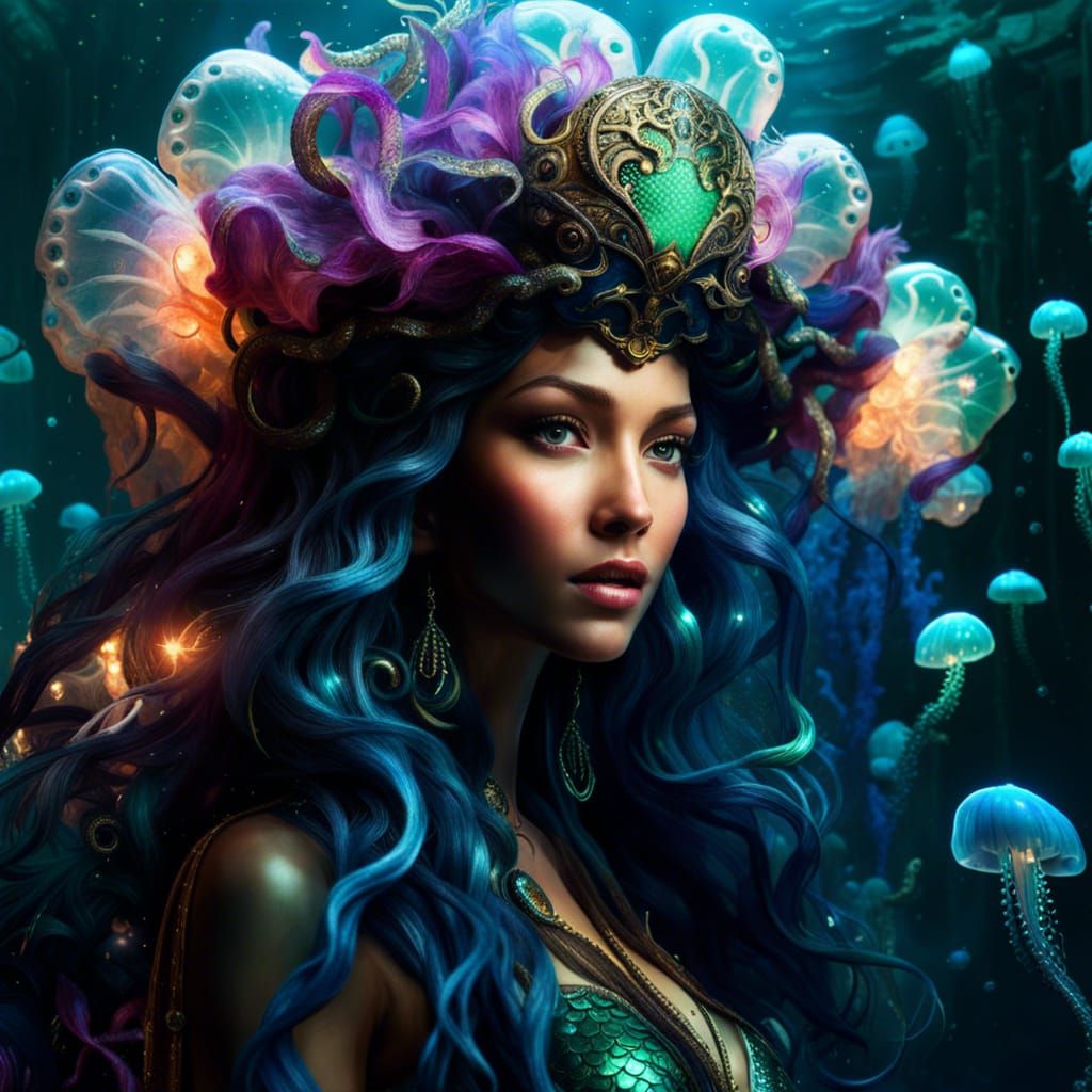 Luminescent Mermaid Medusa in a Detailed Fantasy Art Style