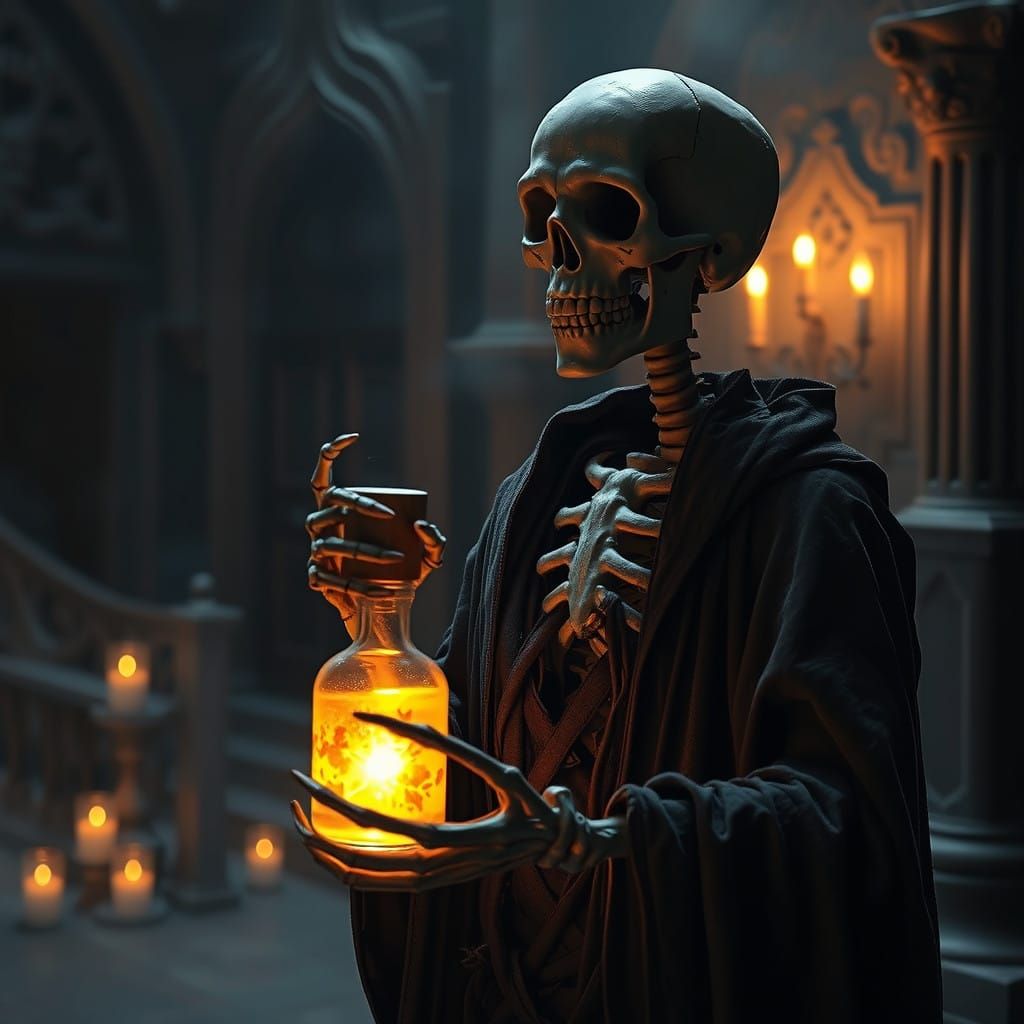 Mysterious Skeleton Holds Glowing Potion Bottle in Dark, Mys...