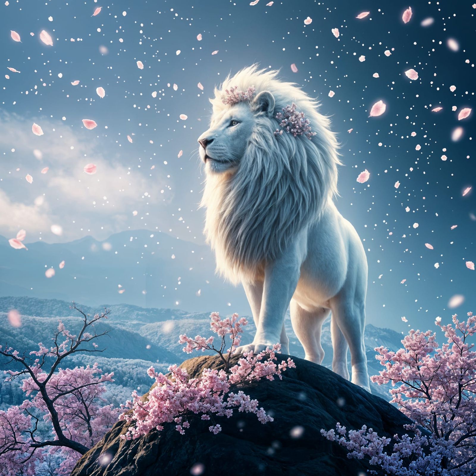 Majestic Lion Among Cherry Blossoms in Spring