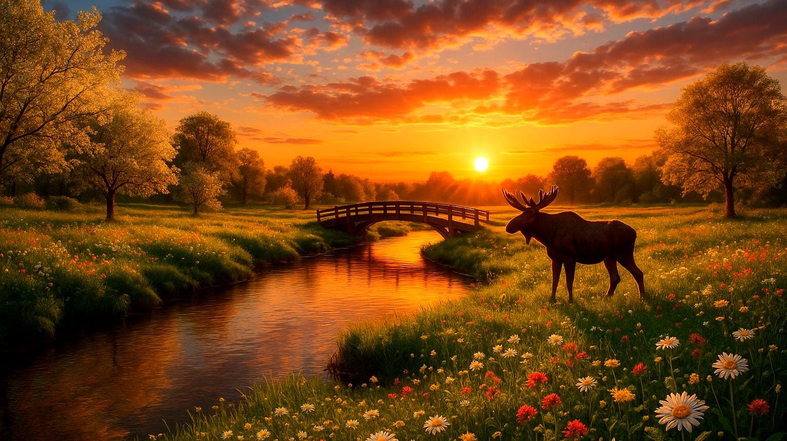 Photorealistic Meadow Scene with Moose at Sunset